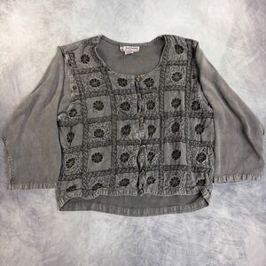 Vintage Just Cruising Button Top Womens Free Size Grey Floral Embroidered Boho